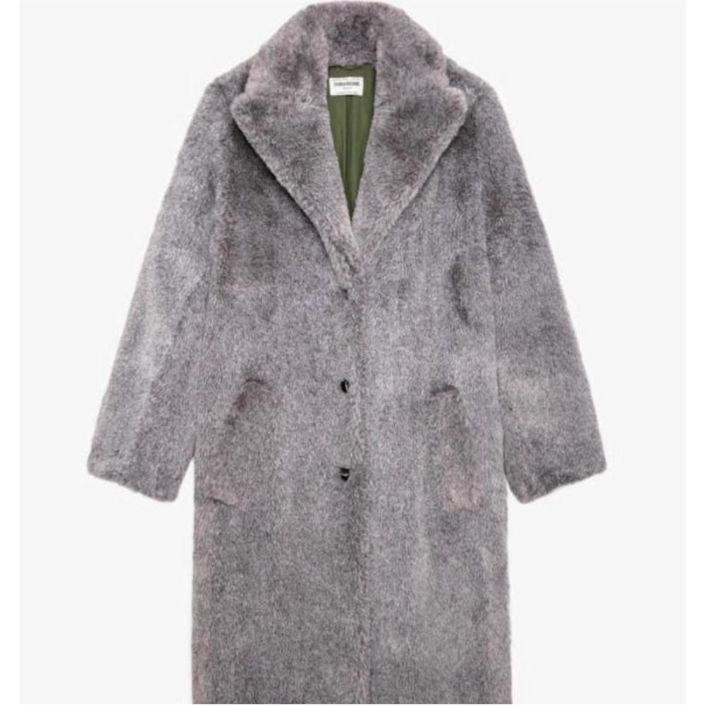 NWT Zadig & Voltaire Monacoco Faux Fur Coat Longline Trench Gray Sz L - Picture 4 of 16